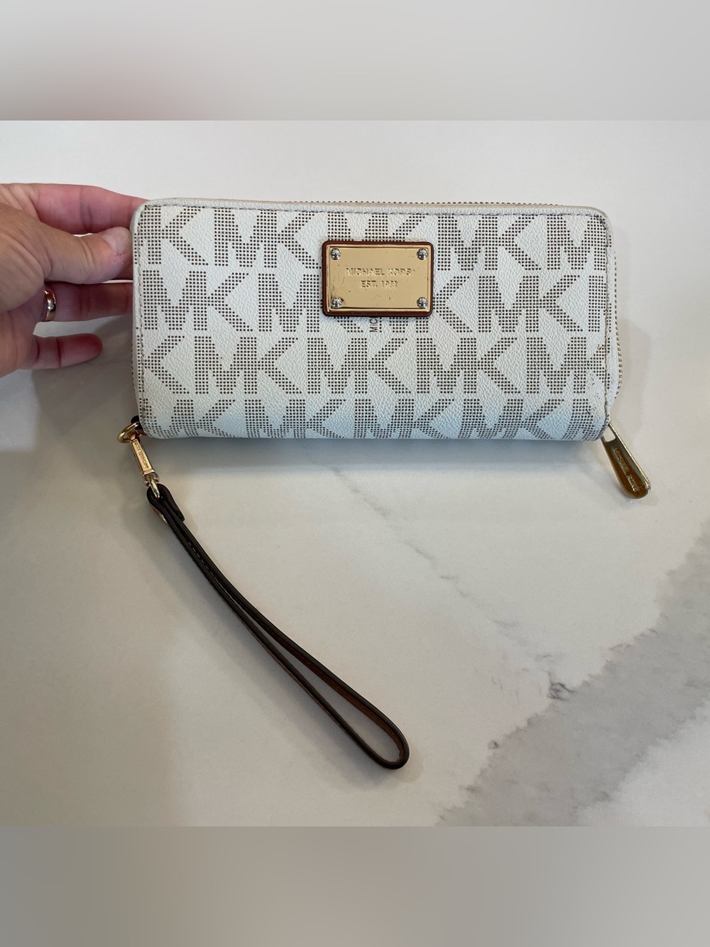 Michael Kors White and Brown Logo Wristlet Clutch